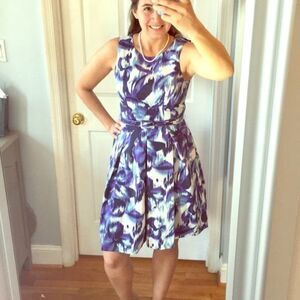 Eliza J Blue Belted Floral Dress‎ Lined Size 8P Petite Sleeveless
